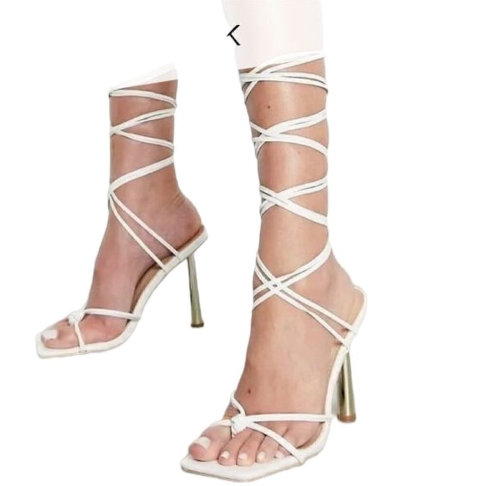Simmi London Samia Strappy Heels Stilettoes Sandals White Ankle Straps, Size 4